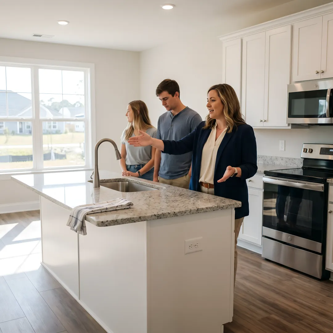 Listing agent showing buyers a new construction home