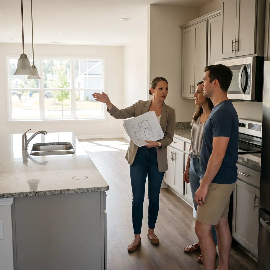 Real estate agent guiding buyers through a new construction home