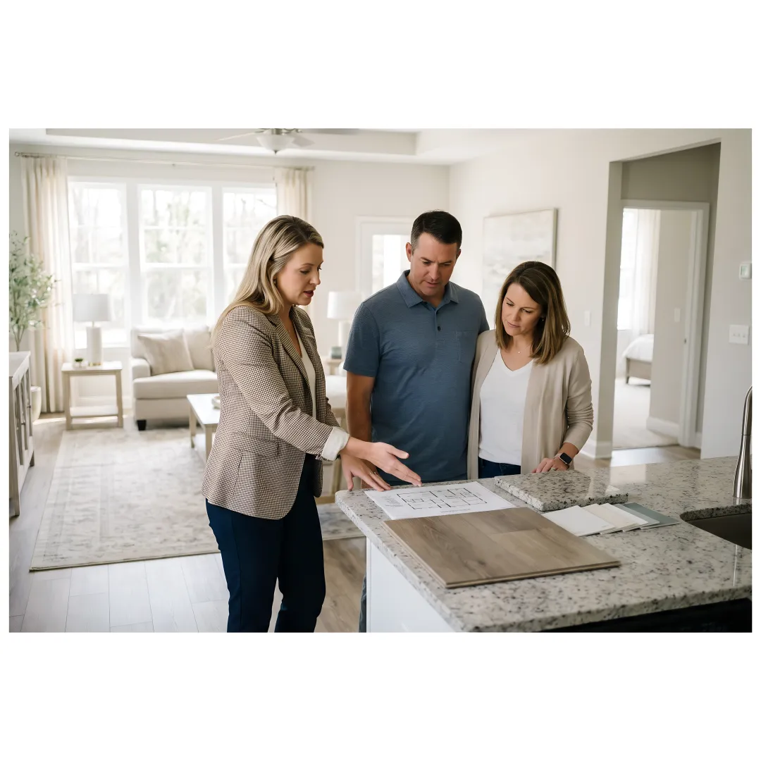 Agent guiding buyers through new construction home