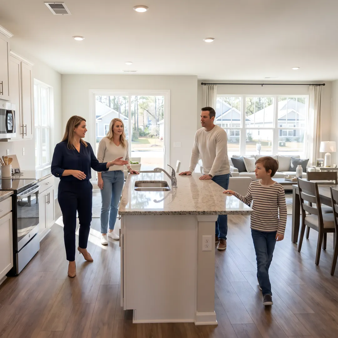 Family touring a new construction home