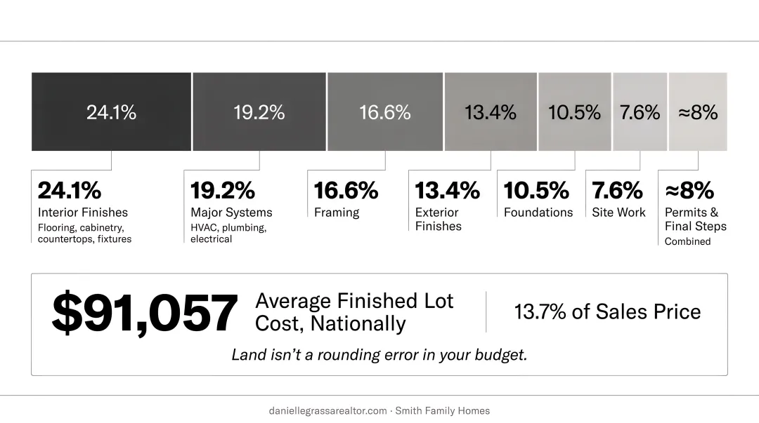 Home construction cost breakdown by category percentage infographic