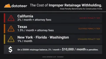 Retainage withholding penalty rates by state comparison infographic with monthly percentages