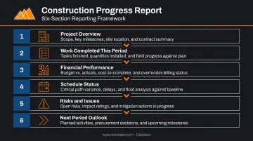 6-section construction progress report structure sequential layout infographic