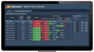 Datateer Margin Protection dashboard displaying job margin variance drivers by cost code