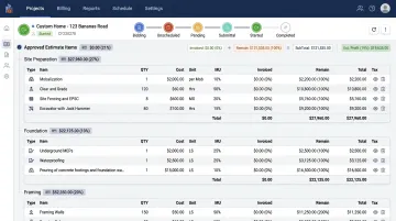Construction ERP software dashboard displaying project billing and schedule of values data
