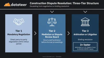 Three-tier construction dispute resolution process flow from negotiation to binding arbitration