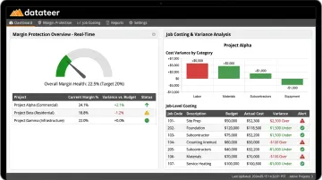 Datateer construction margin protection dashboard displaying real-time job cost variance metrics