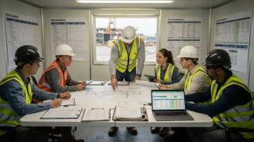 Construction contractors reviewing competitive bid documents in project office setting