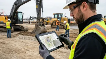 Construction site supervisor using tablet for digital daily progress reporting on job site
