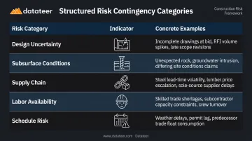 Construction estimate risk categories and contingency examples structured comparison table