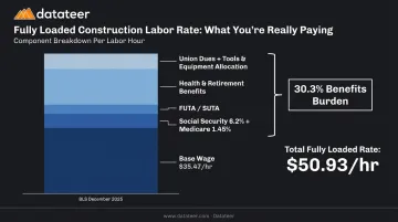 Fully loaded construction labor rate components breakdown with BLS burden percentage data