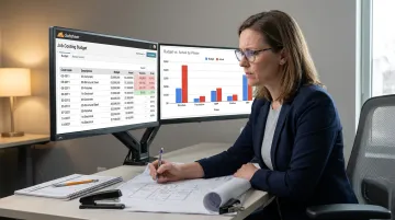 Construction finance manager reviewing job cost budget versus actual variance report on screen