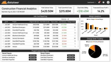 Datateer construction finance dashboard displaying job cost variance and margin analytics by project