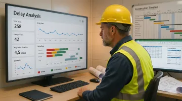 Construction finance professional reviewing project data on desktop analytics dashboard