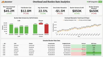 Datateer ERP-connected overhead analytics dashboard displaying real-time burden rate variances