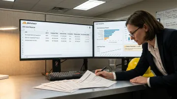 Construction finance professional reviewing WIP validation data on dual monitor workstation