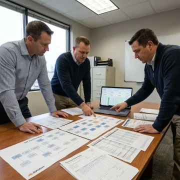 Implementation team reviewing construction ERP reporting data