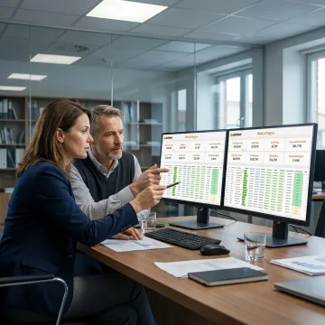 Construction executives reviewing analytics