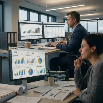 Construction finance dashboard on office monitors