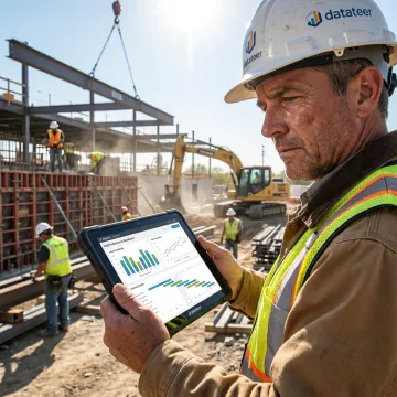 Superintendent reviewing jobsite reporting dashboard on a tablet