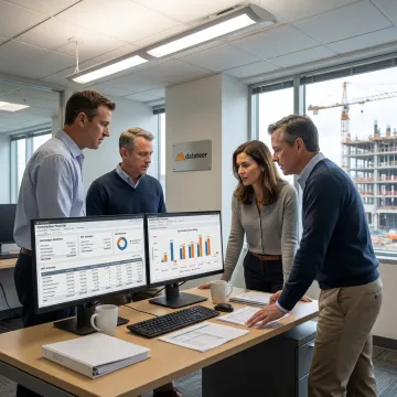 Construction finance team reviewing cost analysis dashboards