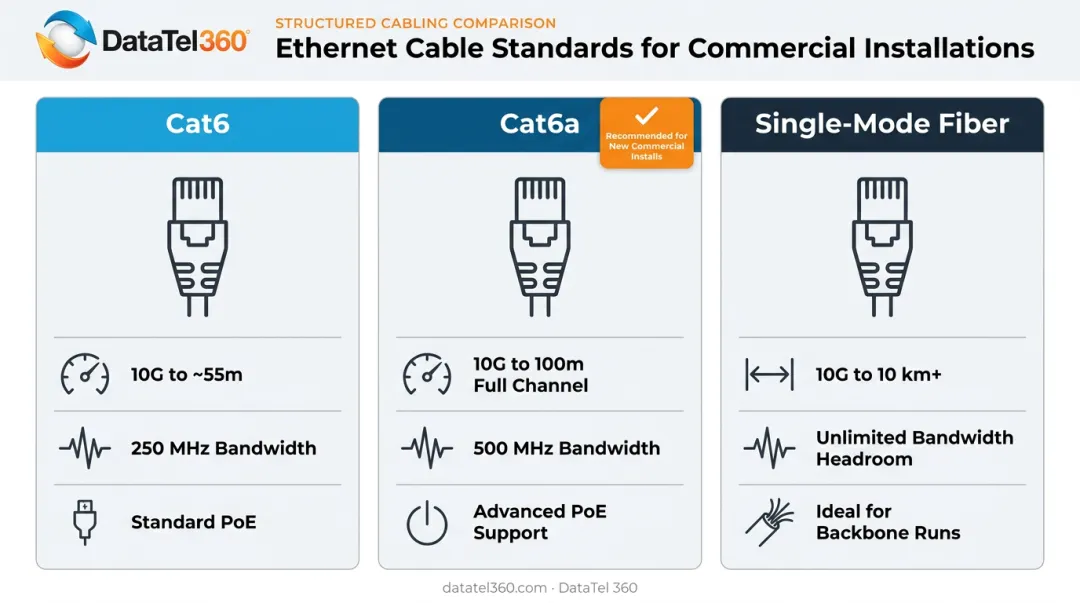 Cat6 versus Cat6a versus single-mode fiber cabling specifications comparison infographic