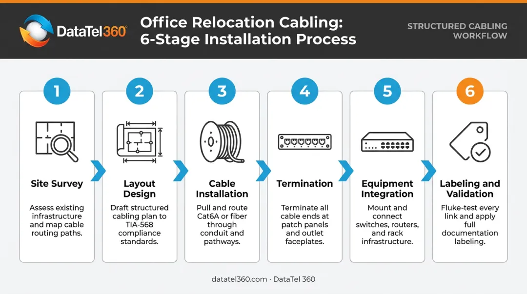 6-step office relocation network cabling process flow from survey to validation