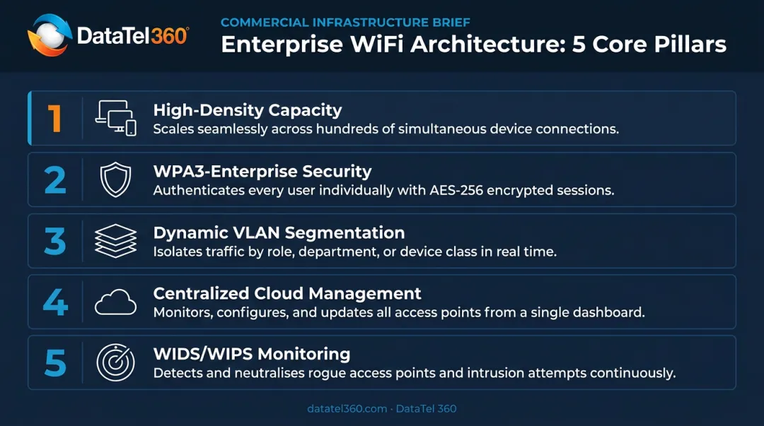 Five enterprise WiFi architecture features comparison infographic for multi-location businesses
