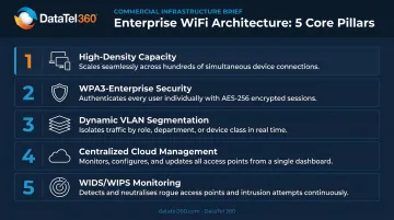 Five enterprise WiFi architecture features comparison infographic for multi-location businesses