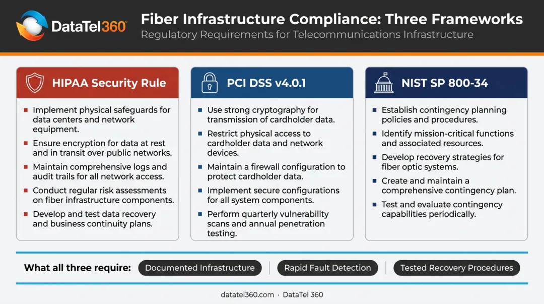 HIPAA PCI DSS and FISMA fiber network compliance requirements comparison infographic