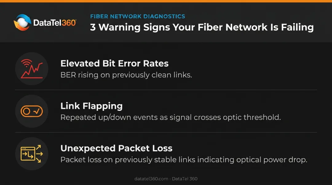 Three fiber optic network failure warning signs BER link flapping packet loss indicators