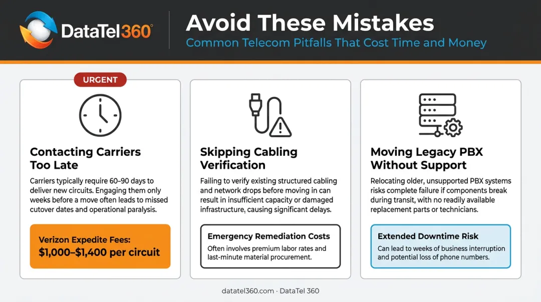 Three common office relocation telecom mistakes with real cost consequences infographic