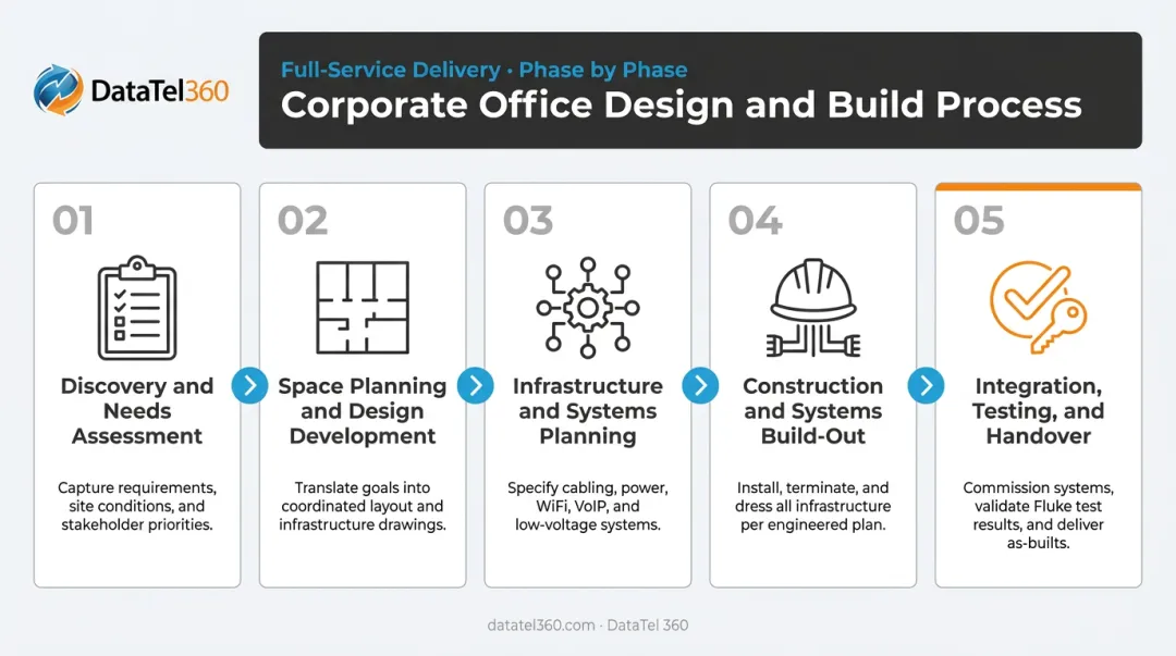 5-phase corporate office design and build process flow from discovery to handover