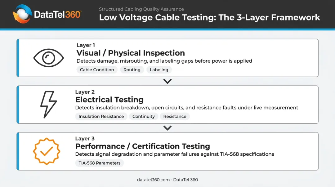 Three-layer low voltage cable testing approach visual inspection electrical certification
