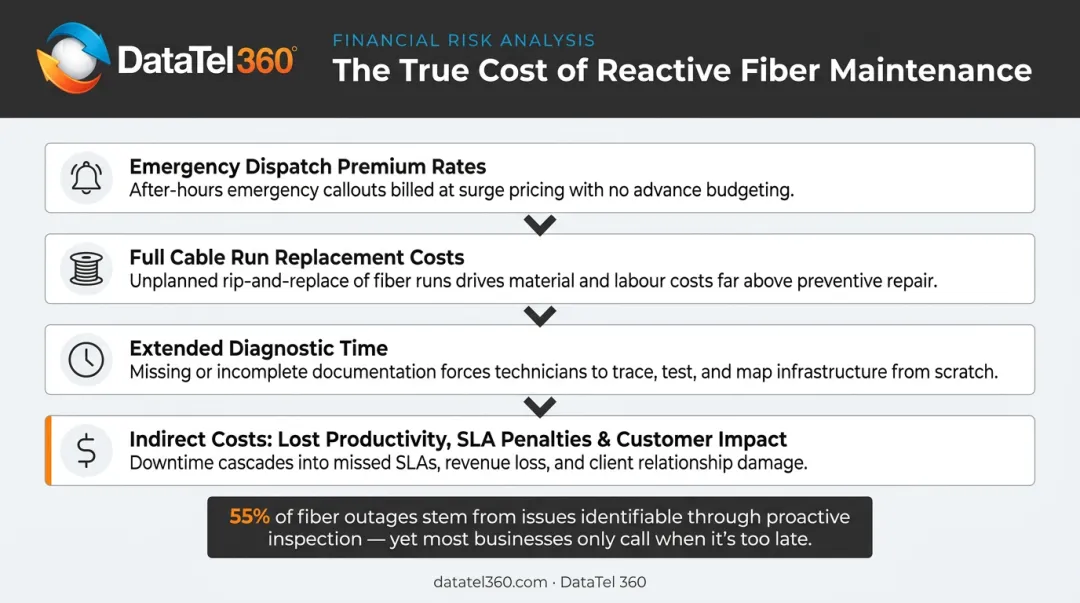 Hidden costs of reactive-only fiber optic maintenance strategy breakdown infographic