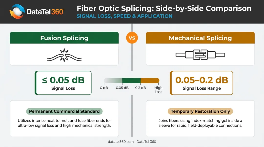 Fusion splicing versus mechanical splicing signal loss comparison infographic