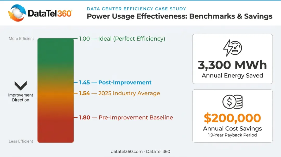 Data center PUE efficiency benchmark comparison showing energy savings and improvement strategies