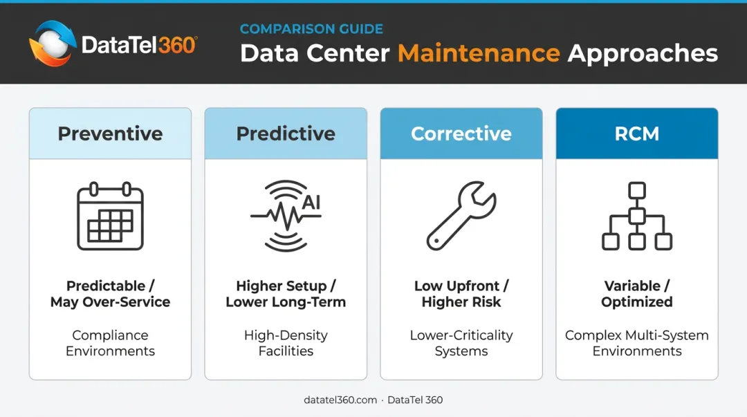 Four data center maintenance types cost profile and best fit comparison chart