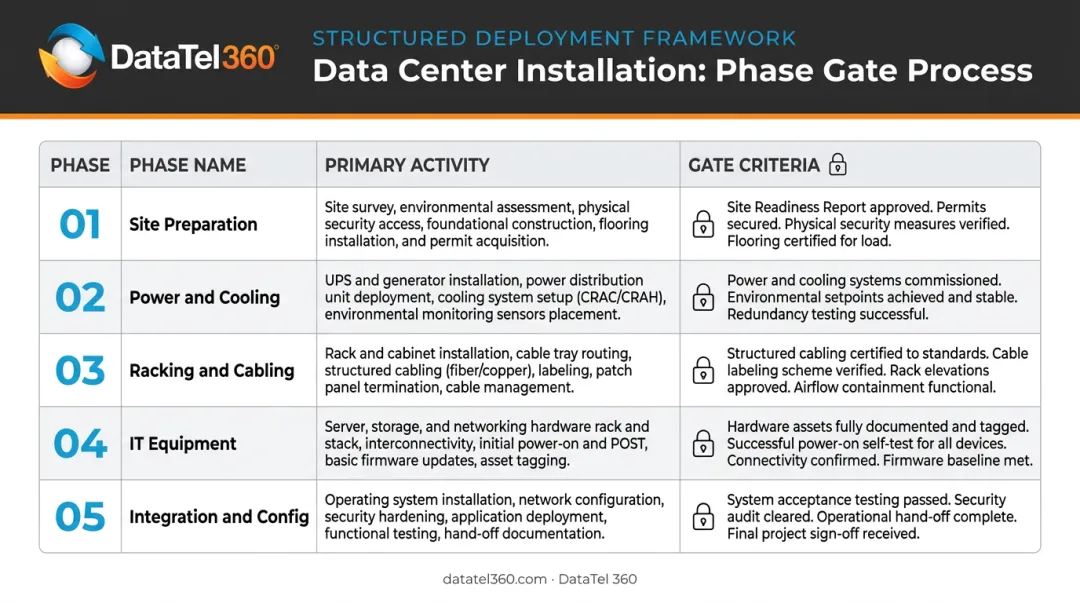 5-phase data center installation sequence with gate criteria checklist per phase