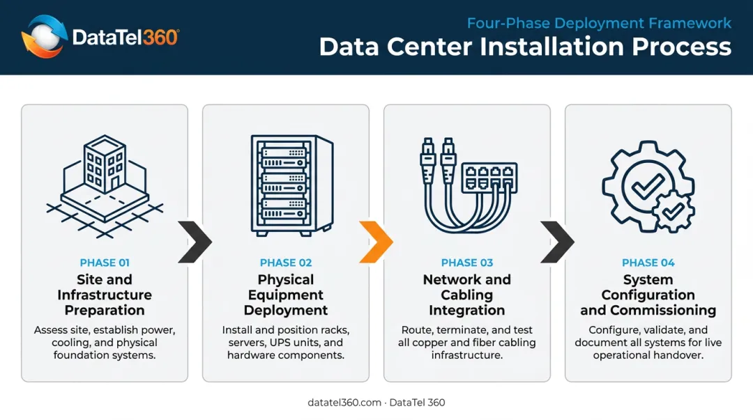 4-phase data center installation process flow from site prep to commissioning