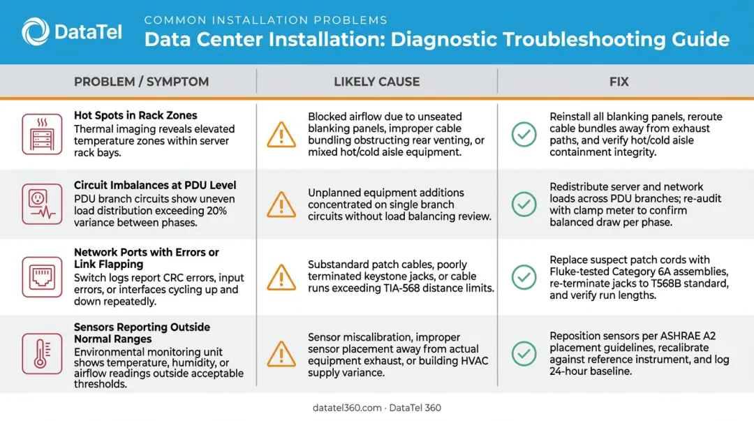 4 common data center installation failure indicators causes and fixes comparison chart