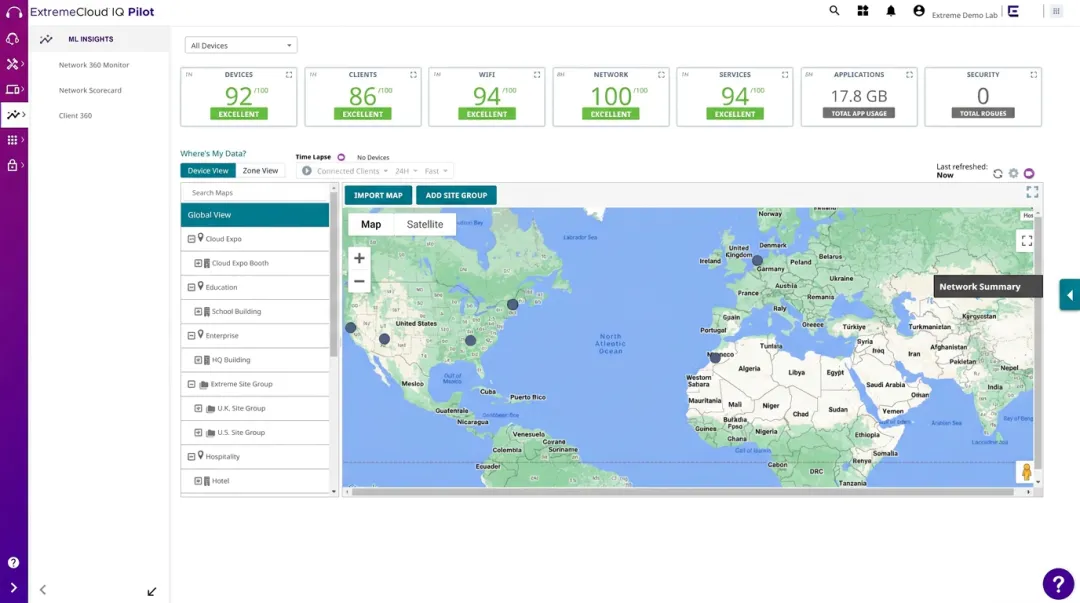Enterprise cloud-managed WiFi dashboard displaying multi-location network performance analytics
