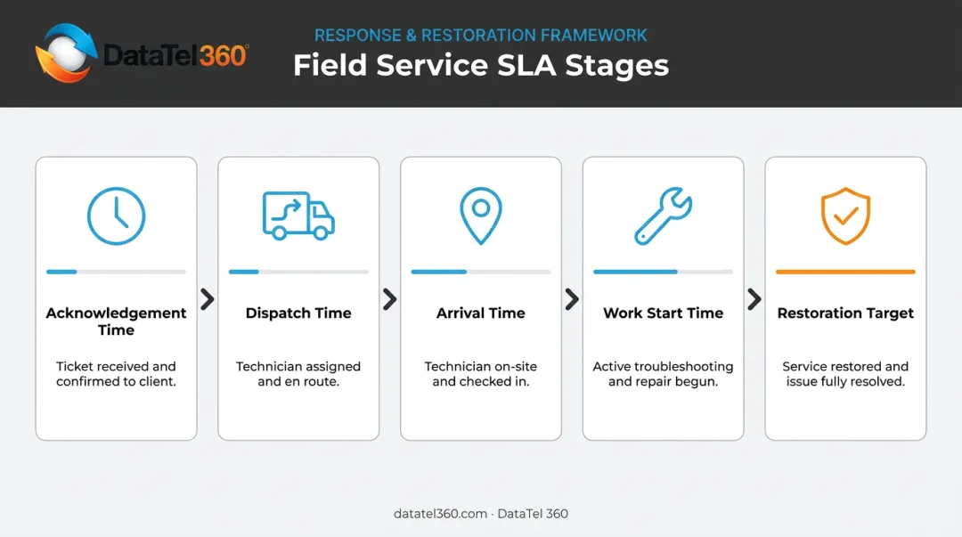 Five-stage smart hands SLA response chain from acknowledgement to restoration