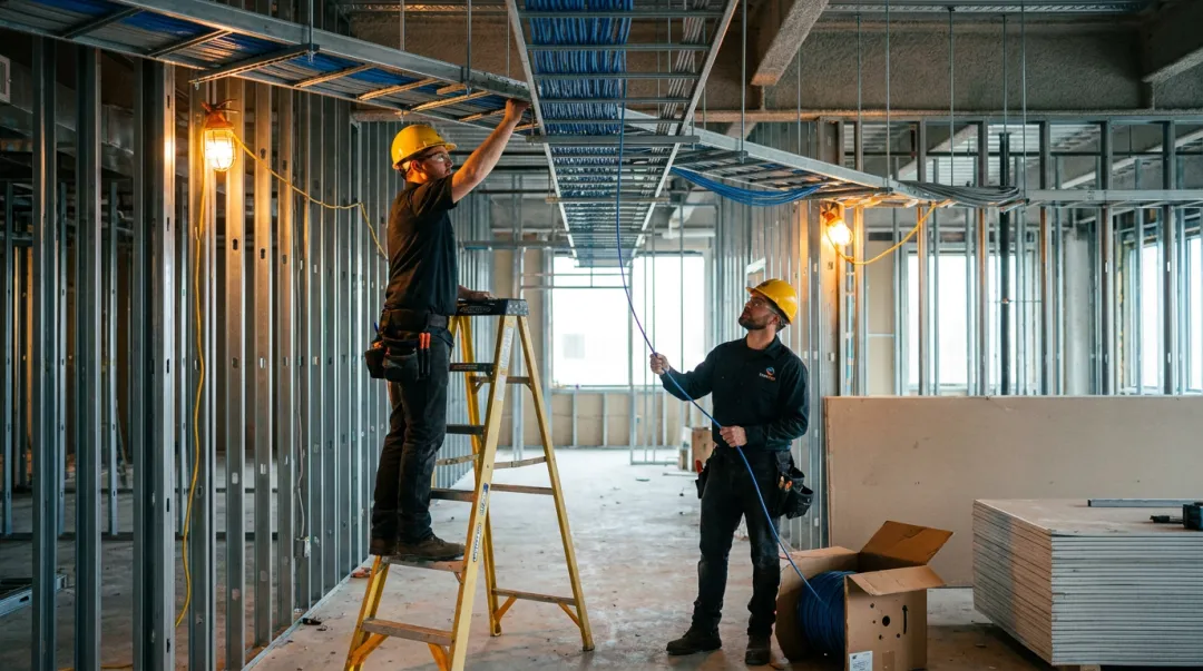 Commercial building construction site with open ceiling cabling installation in progress