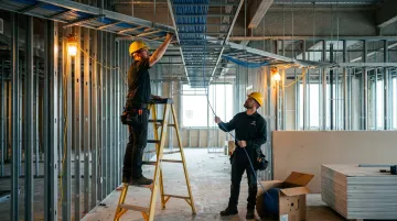 Commercial building construction site with open ceiling cabling installation in progress
