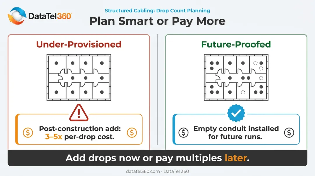 Network cabling future-proofing strategy showing drop provisioning and conduit planning guidelines