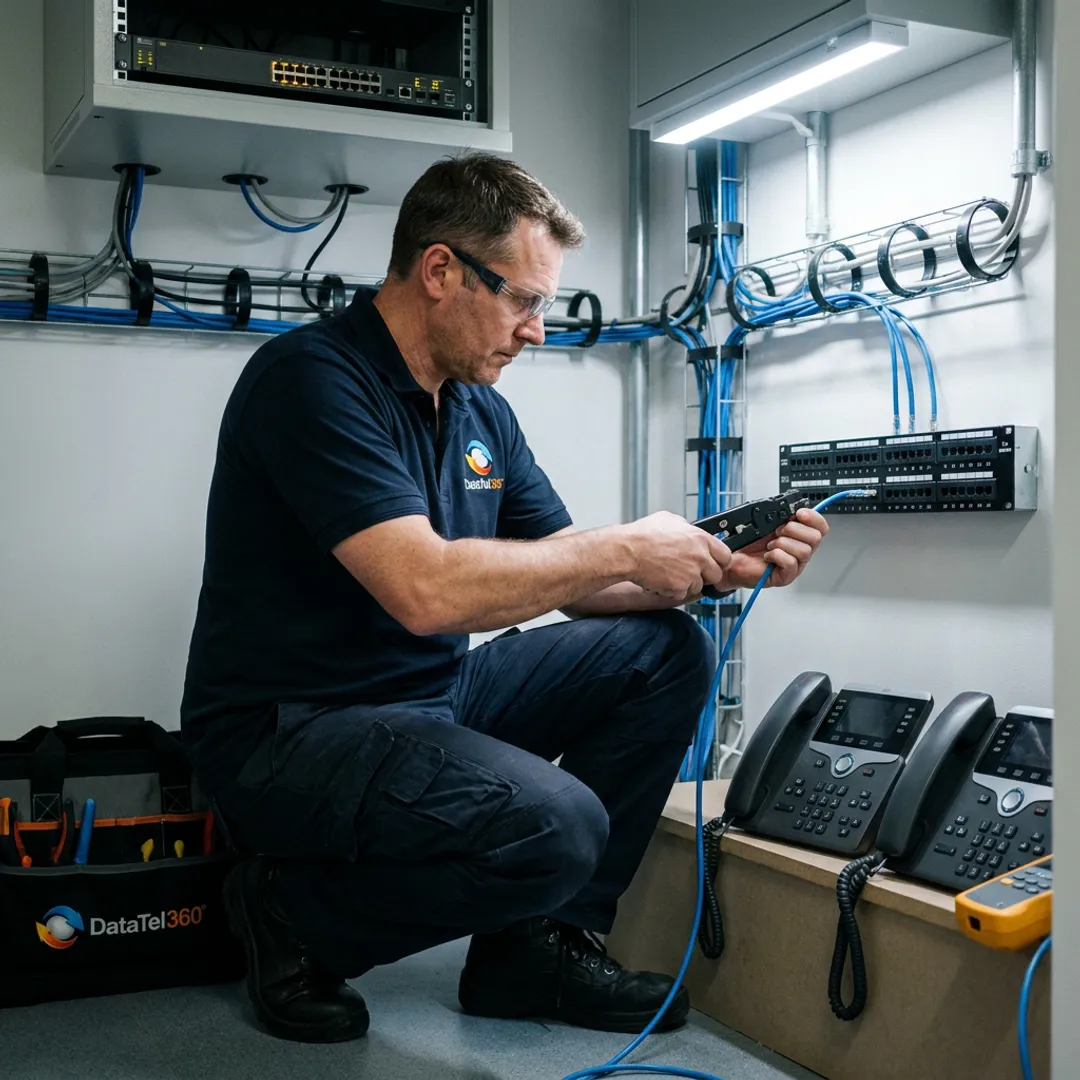 Technician configuring business VoIP phones