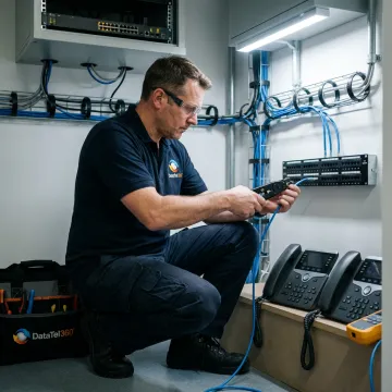 Technician configuring business VoIP phones