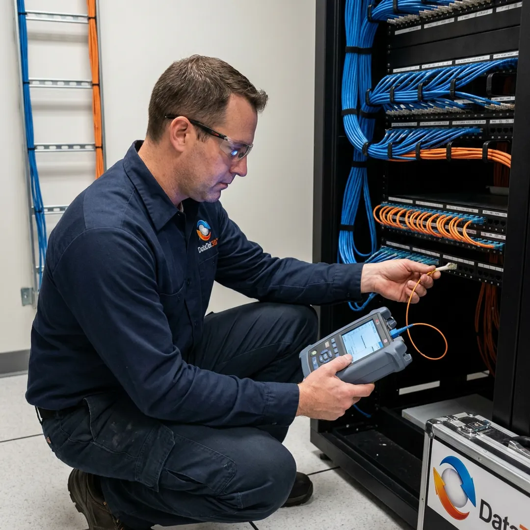 Technician testing fiber optic network installation