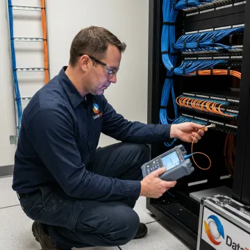 Technician testing fiber optic network installation